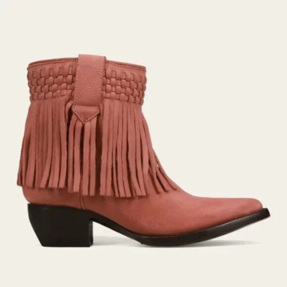 NWB $358 FRYE Sacha Short Fringe Suede Ankle Bootie Rose Pink Western Boho Sz 8 - Picture 2 of 6